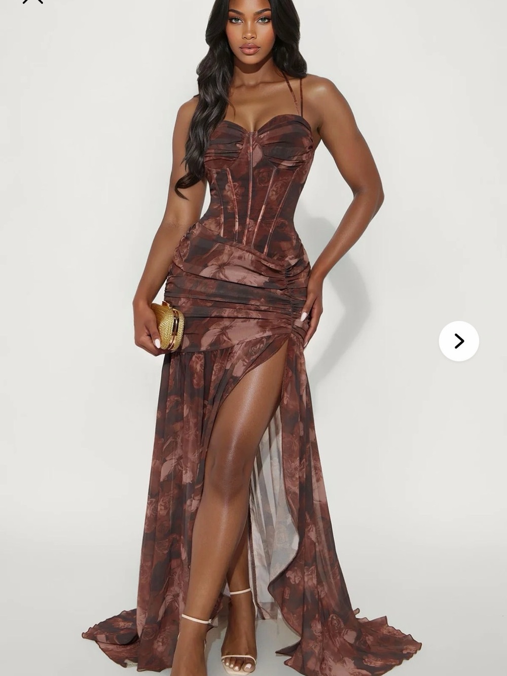 Fashion Nova Brown Floral Mesh Corset High-Slit Maxi Gown